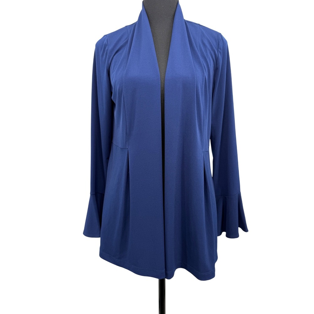 Susan Graver Open Knit Bell Sleeve Cardigan Blue Office Career Preppy